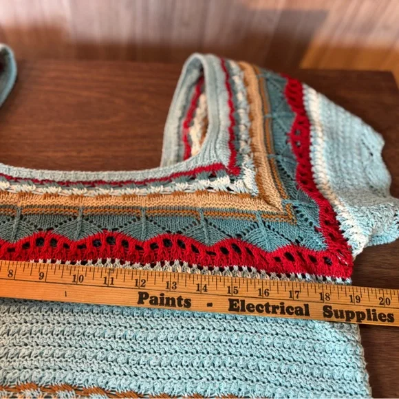 POL Light Blue Green Crochet Stripe Crop Top with Red & Tan Accents - Picture 7 of 8